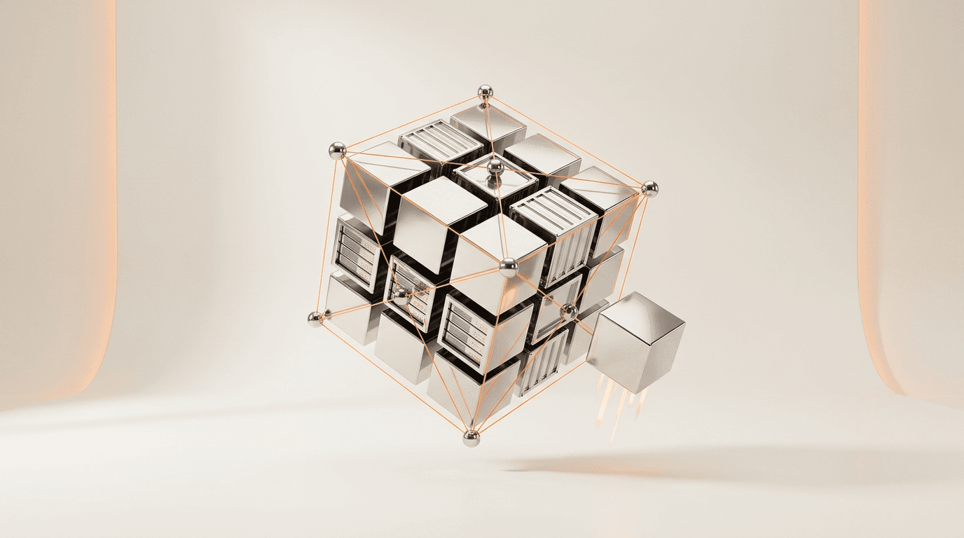 Chrome server cubes linked by orange network lines
