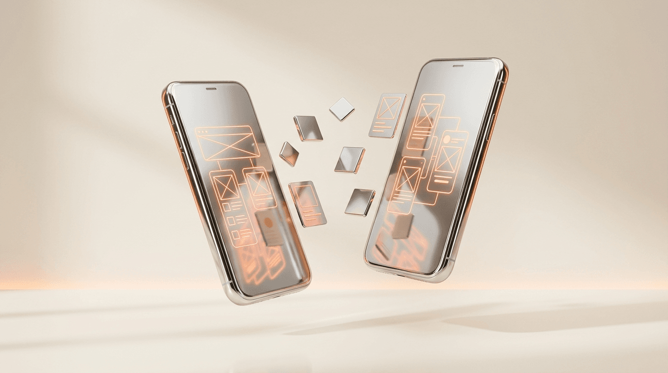 Chrome smartphones with orange app wireframes