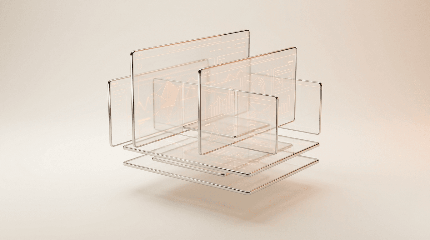 Floating glass dashboard panels with orange UI lines